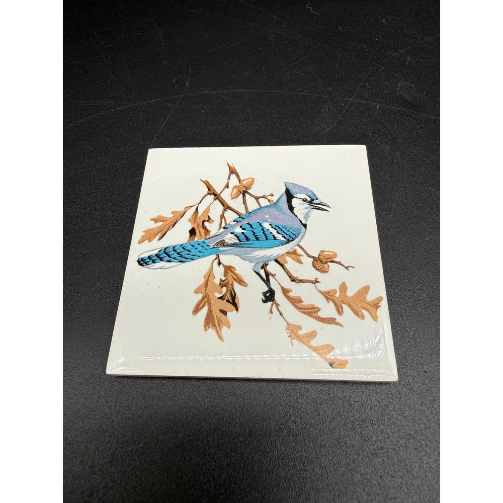 Vintage Blue Jay‎ Bird Ceramic Wall Tile Small Home Decor Accent 3″ Oak Acorn